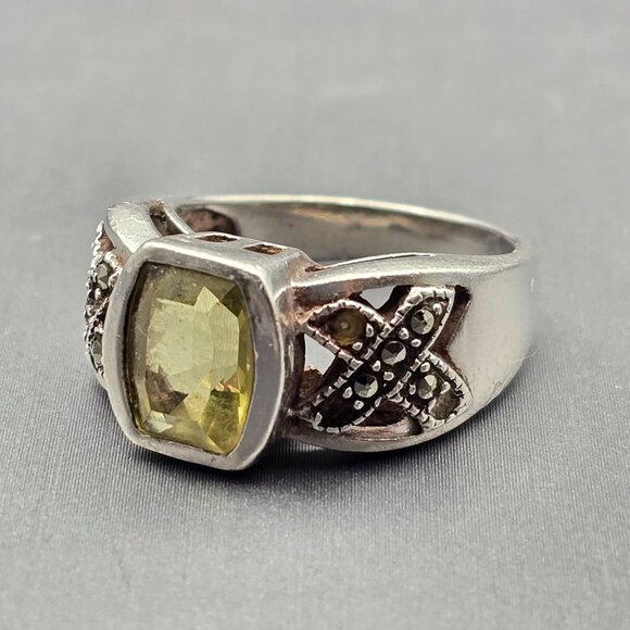 VTG Sterling Silver Citrine & Marcasite Cathedral Ring Size 6.5 Signed “A” 6.67g - Picture 2 of 13
